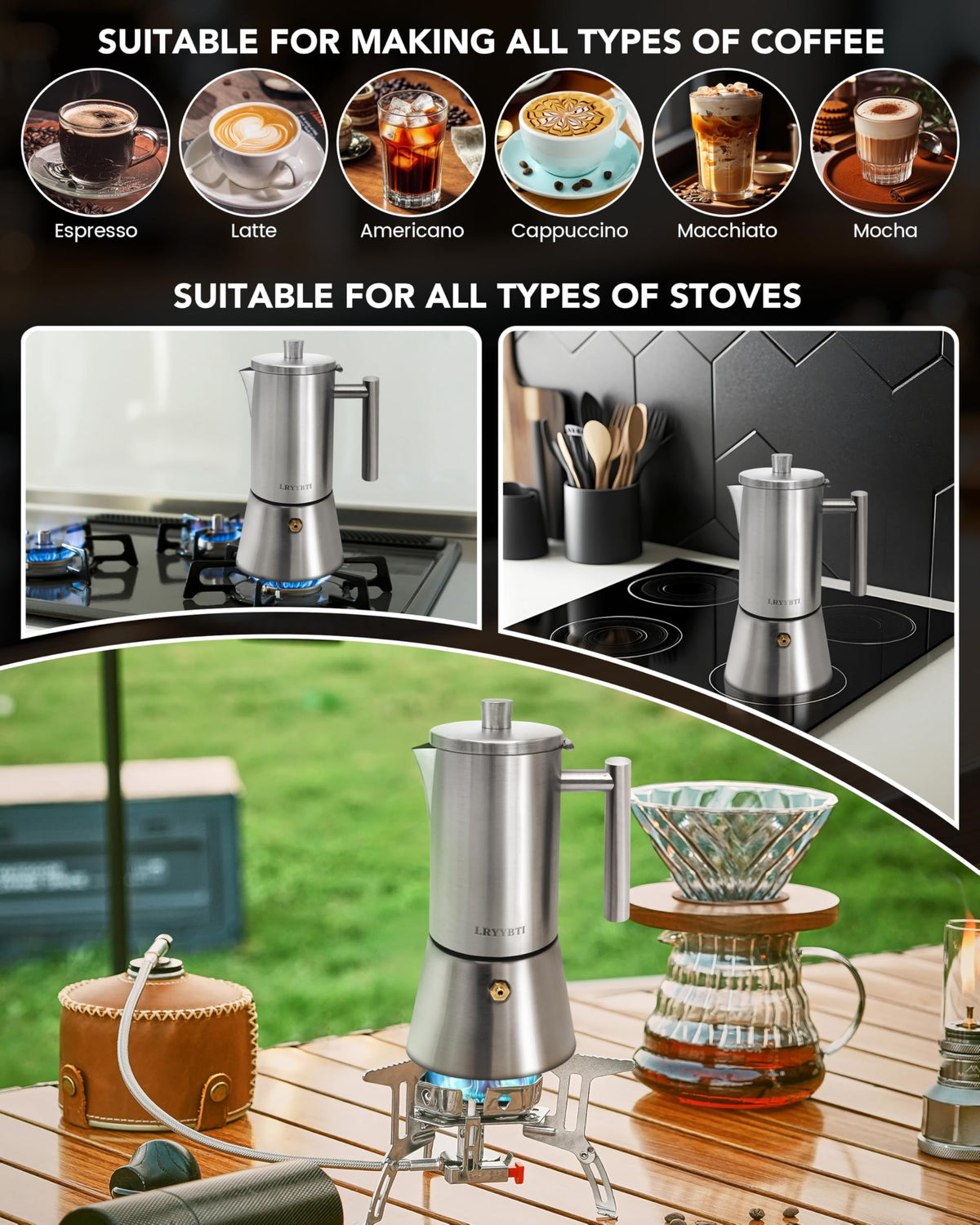 6 Cup Stainless Steel Stovetop Moka Pot L3849