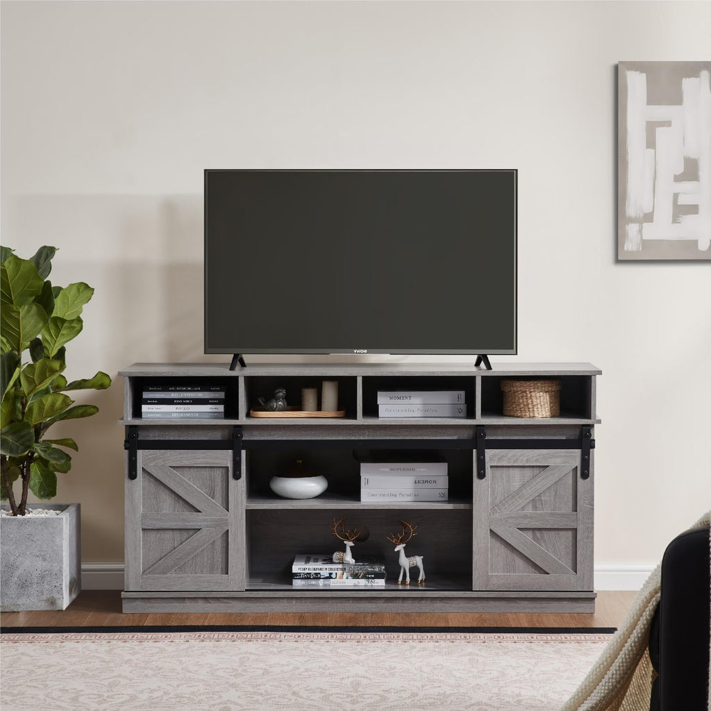 Grey Wood TV Stand with Sliding Barn Door F68252