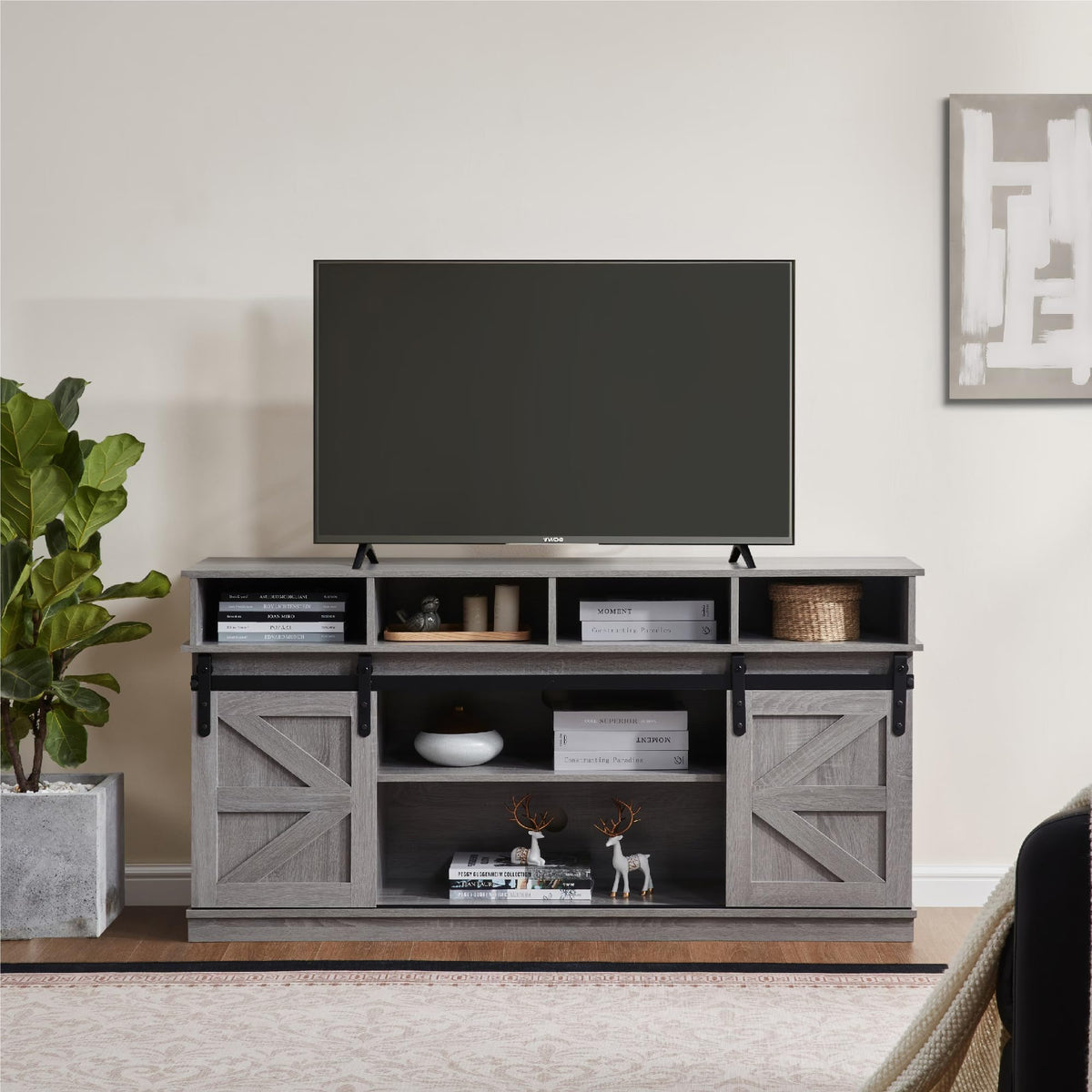 Grey Wood TV Stand with Sliding Barn Door F68252