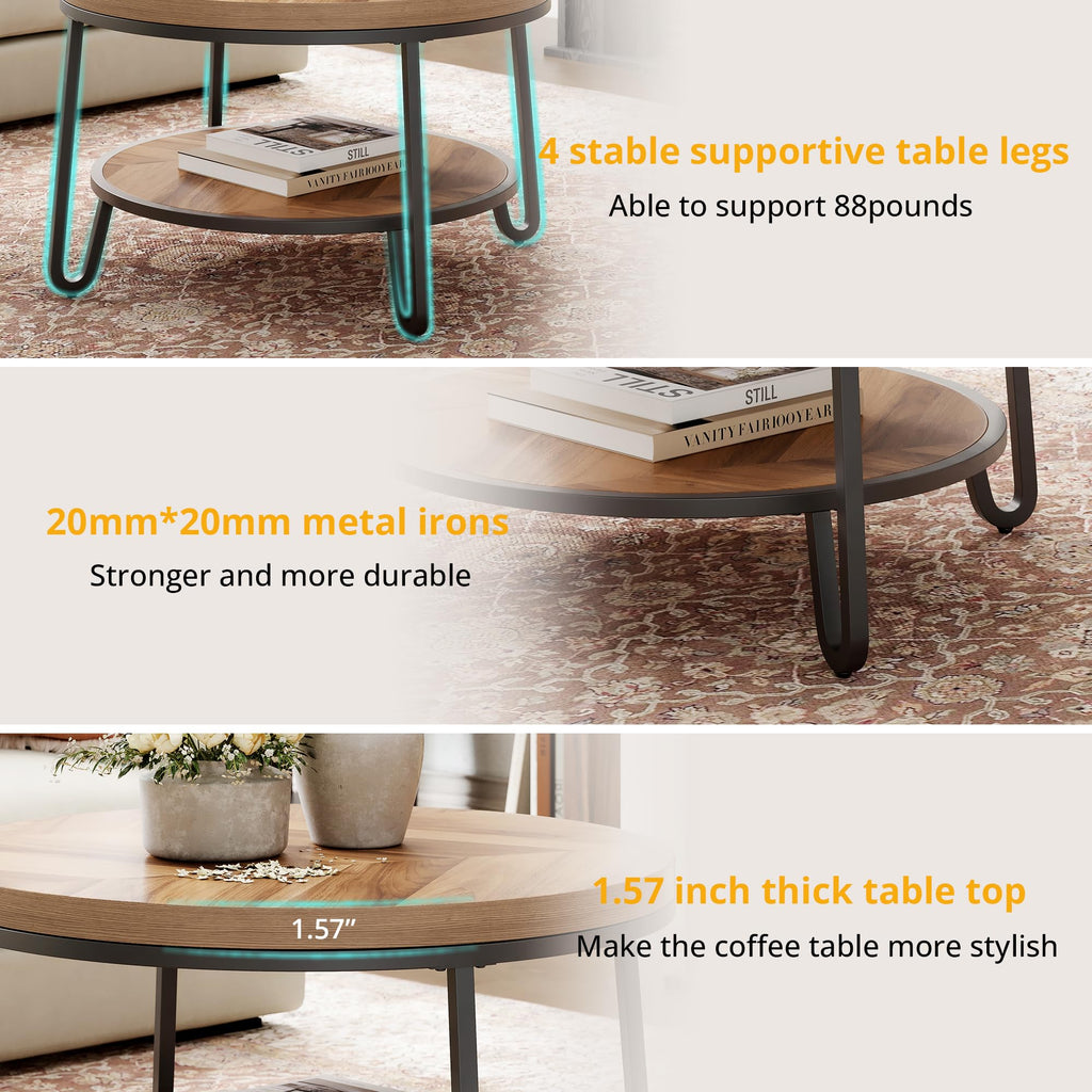 32" Round Coffee Table with 2-Tier Storage Shelf B9605
