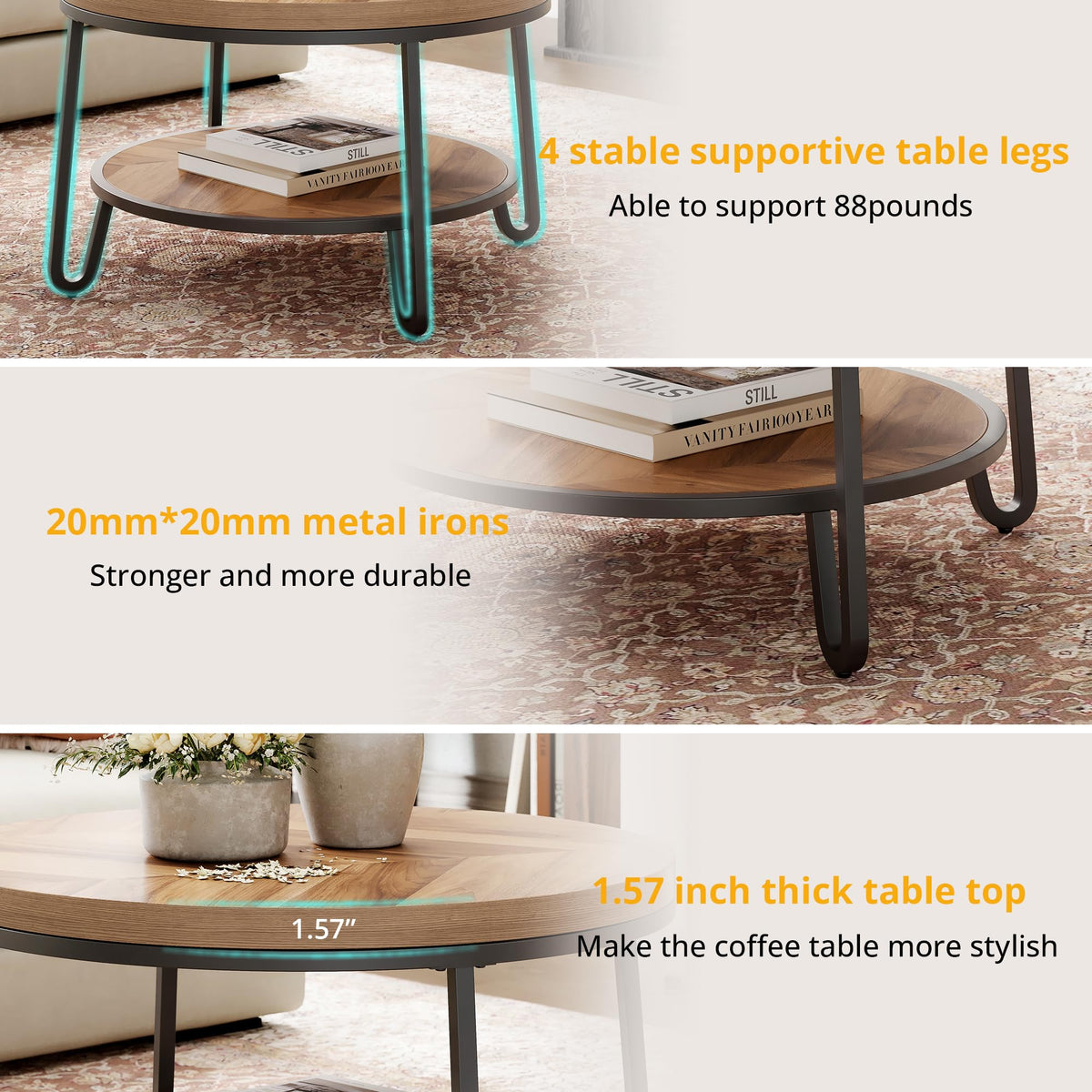 32" Round Coffee Table with 2-Tier Storage Shelf B9605