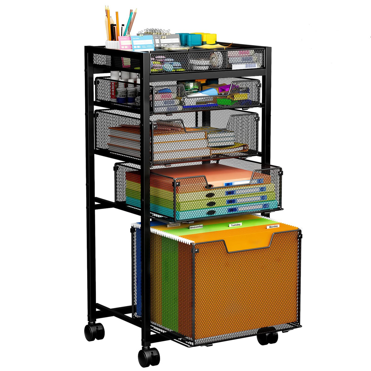 Rolling File Cart with 4 Storage Drawers, Black Metal W9676
