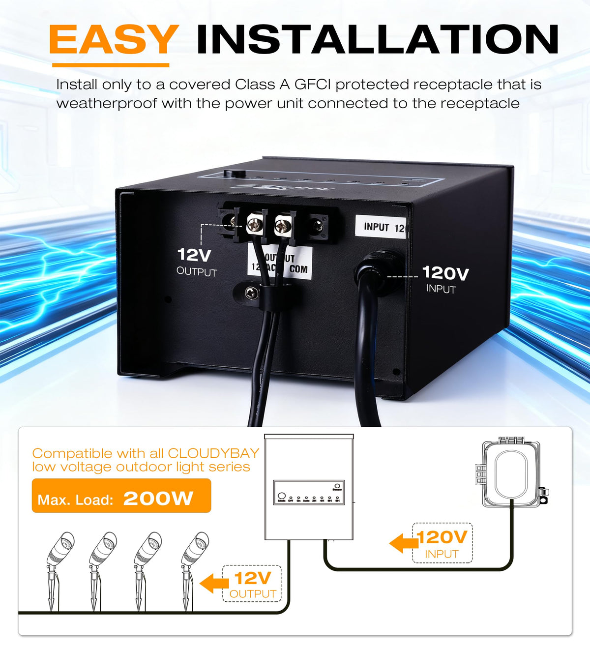 200W Low Voltage Outdoor Transformer with Photocell Light Sensor and Timer J293