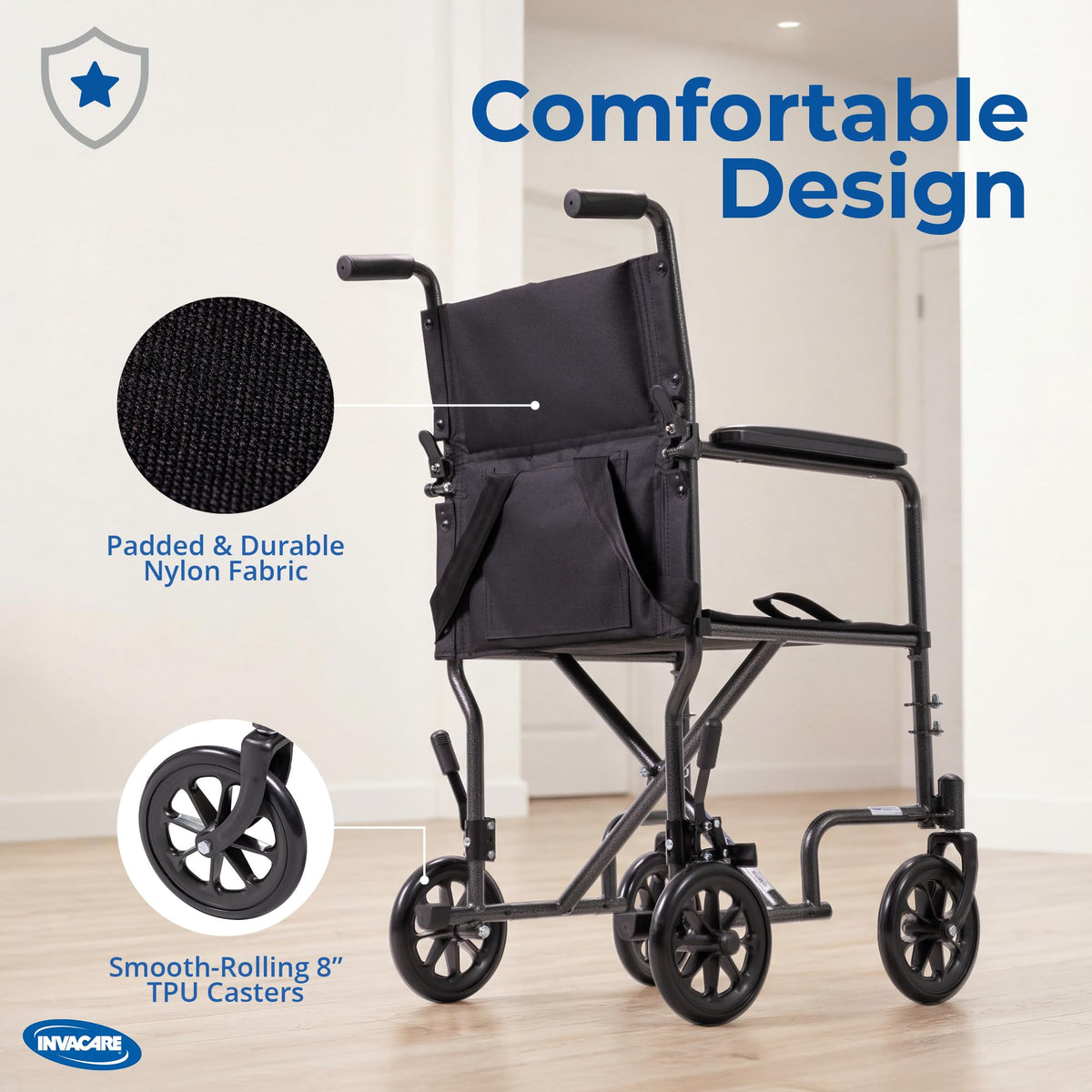 Compact Lightweight Steel Transport Wheelchair with 19in Seat E773