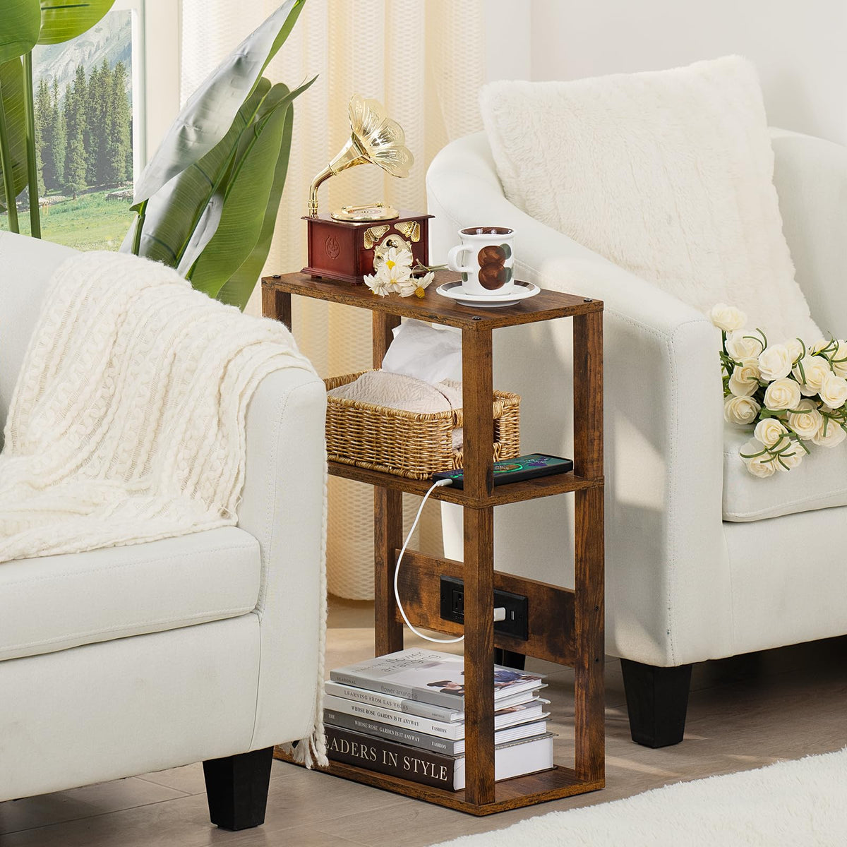 3-Tier Narrow Bedside Table with Charging Station D443