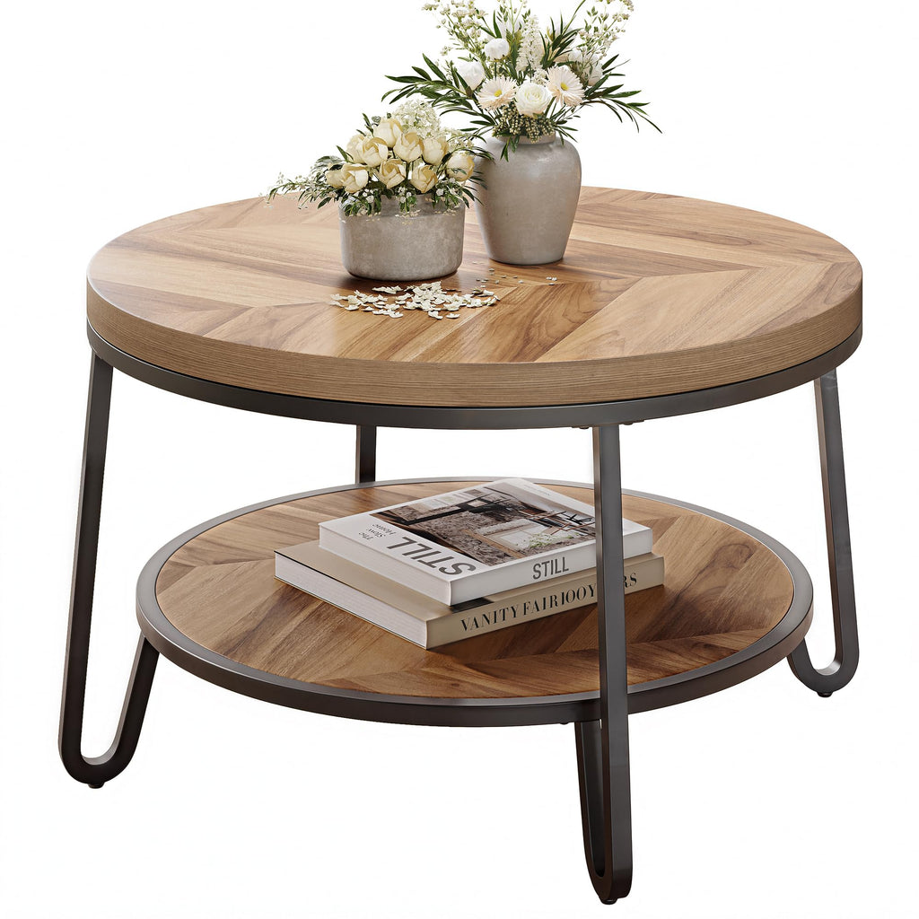 32" Round Coffee Table with 2-Tier Storage Shelf B9605