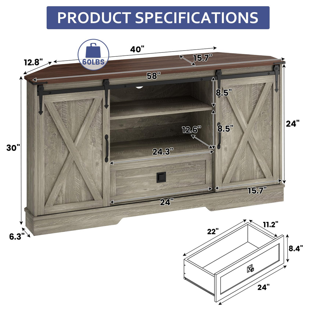 Corner TV Stand with Sliding Barn Door & Removable Shelves L242525