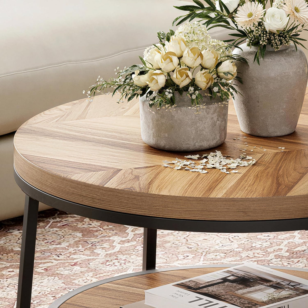 32" Round Coffee Table with 2-Tier Storage Shelf B9605