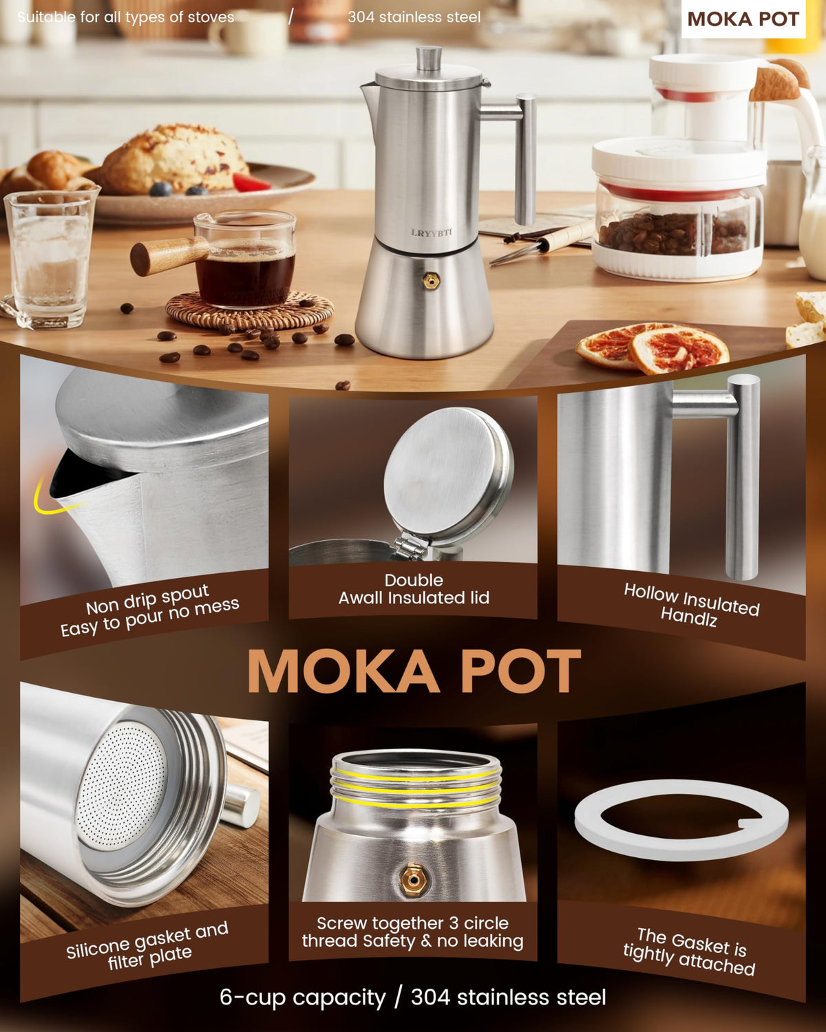 6 Cup Stainless Steel Stovetop Moka Pot L3849