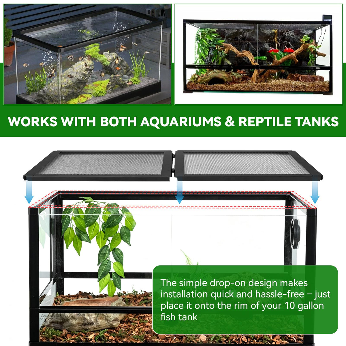 10 Gallon Tank Lid, Hinged Terrarium Screen Cover, 20.8" x 10.8" E839