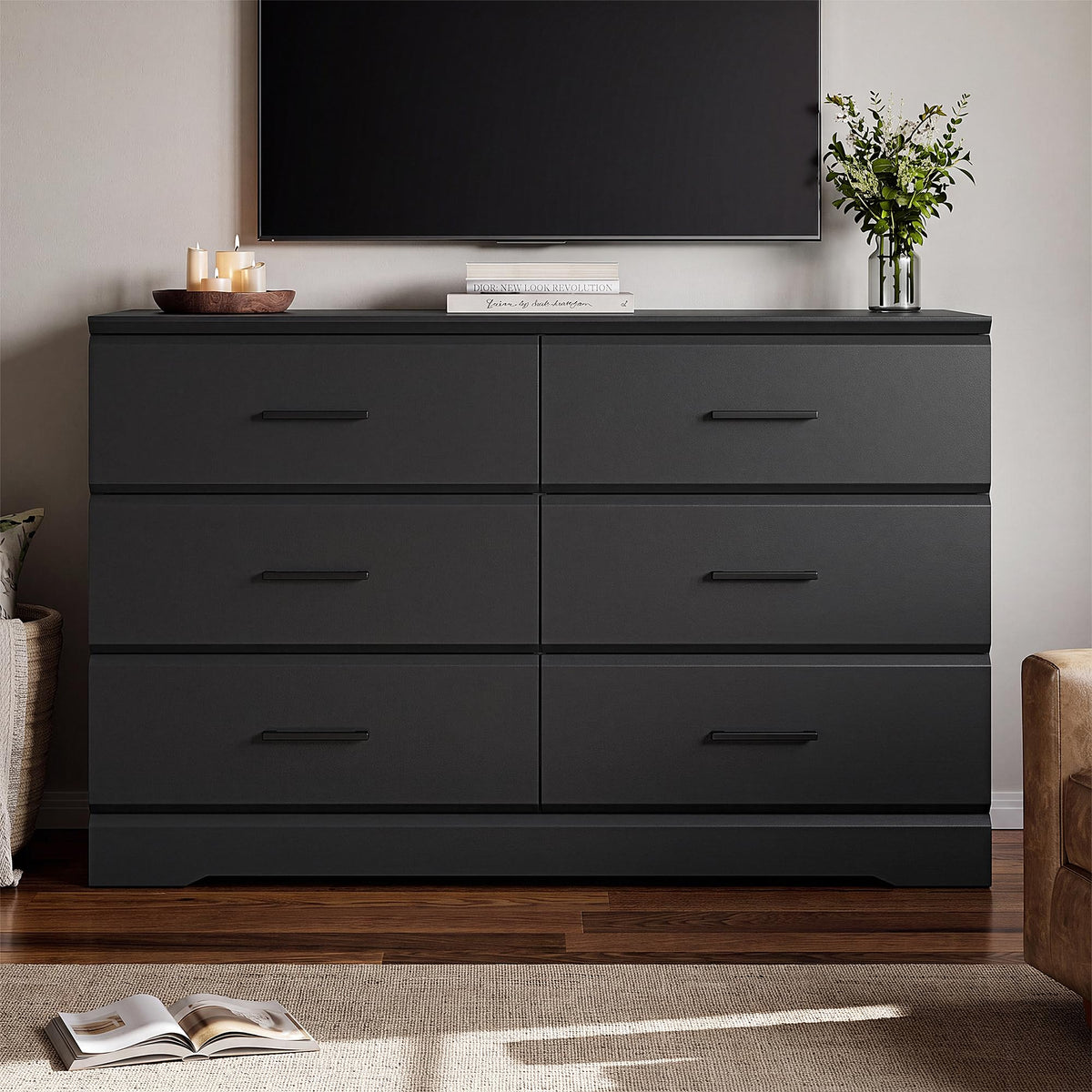 Black 6 Drawer Wood Dresser F699