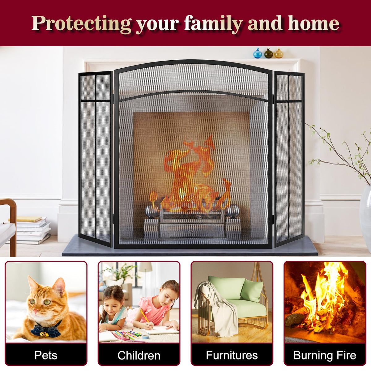 Black 3 Panel Steel Mesh Fireplace Screen P96849