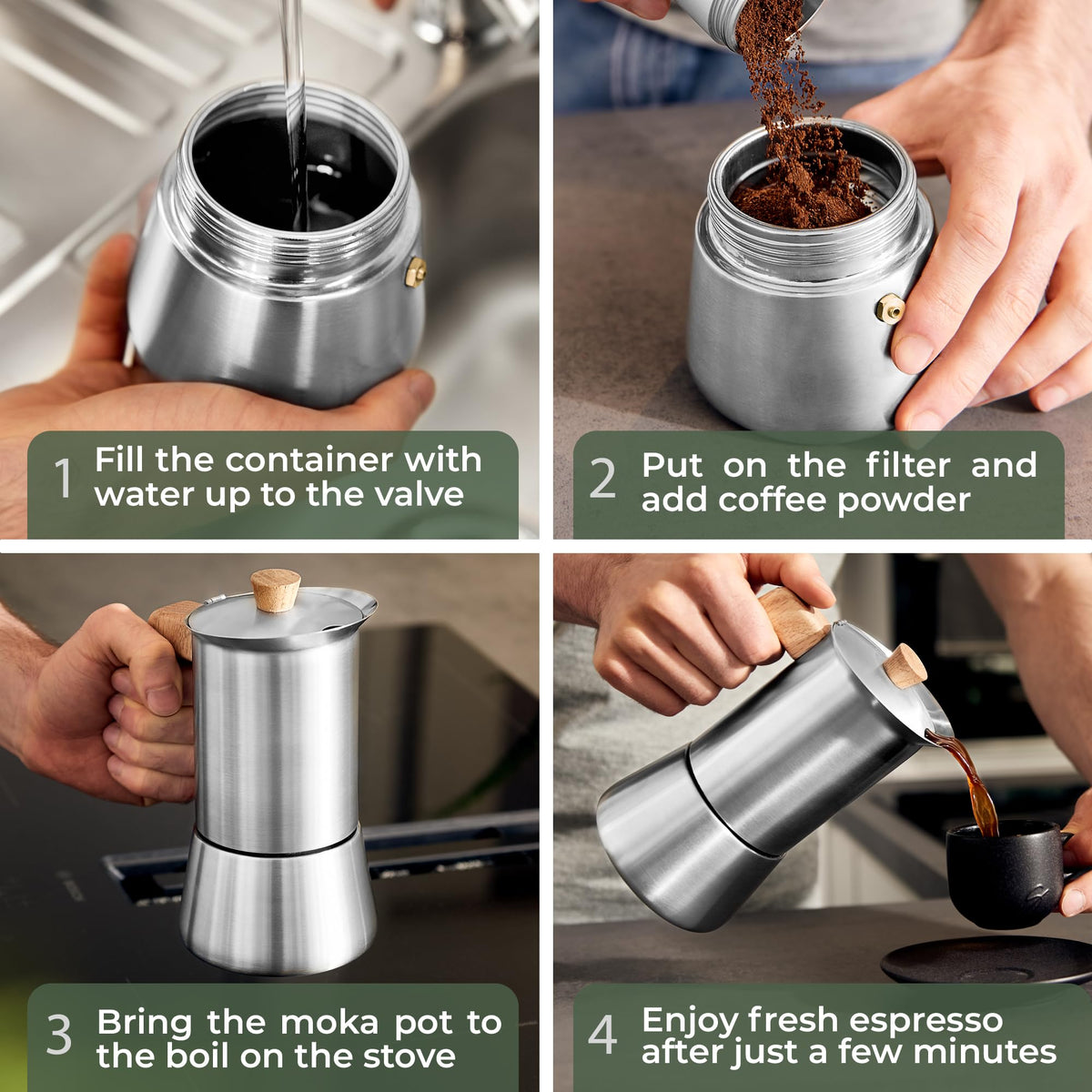 Stainless Steel Moka Pot 10oz Oak Wood Handle Stovetop Espresso Maker D60772