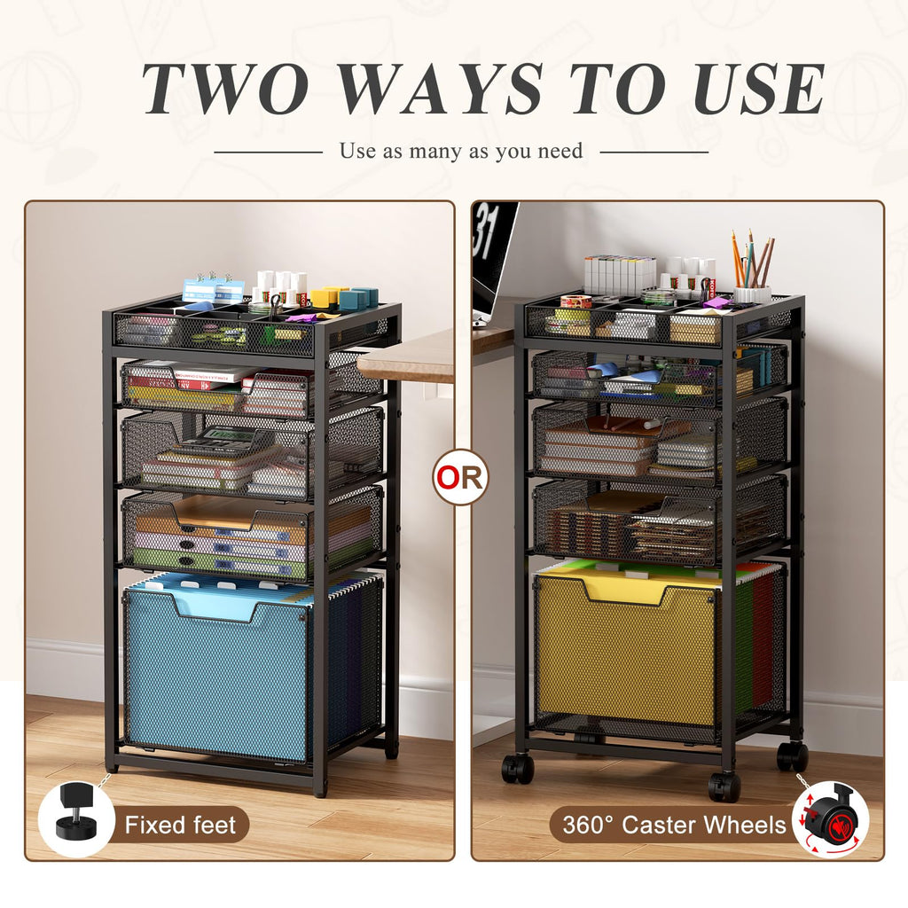 Rolling File Cart with 4 Storage Drawers, Black Metal W9676
