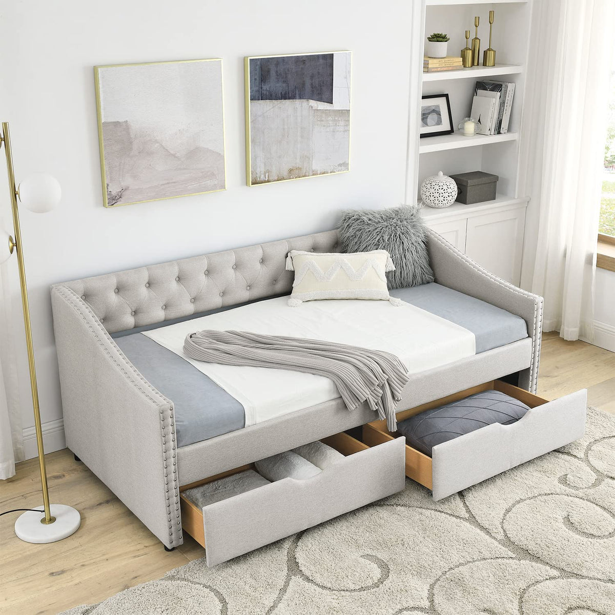 Beige Twin Size Upholstered Daybed with Drawers S344340