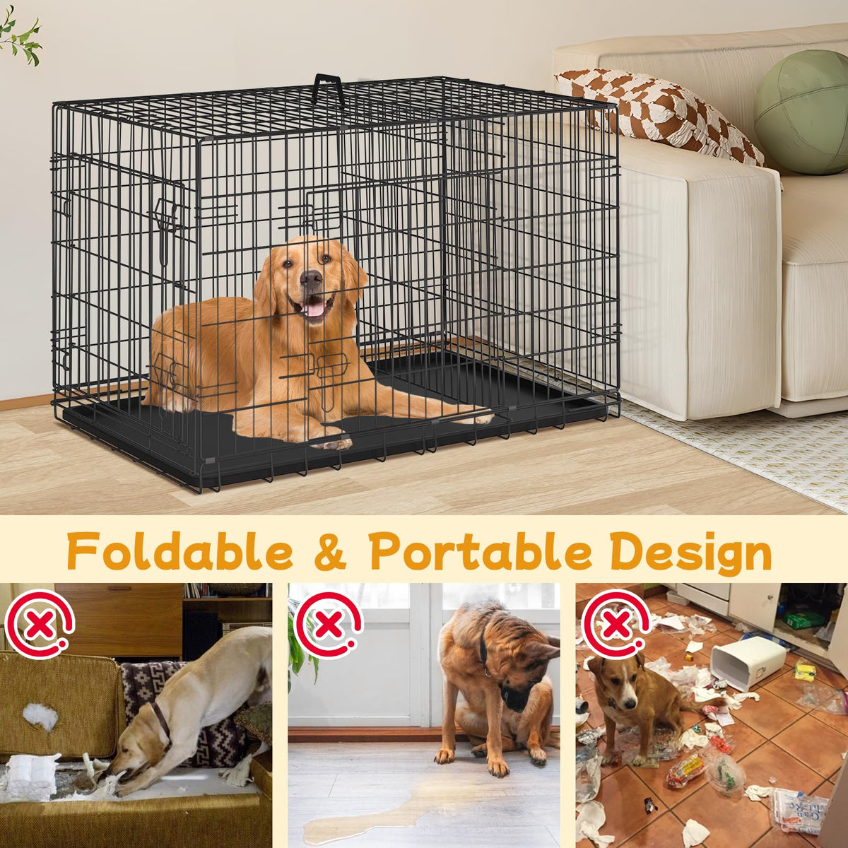 48 Inch Folding Metal Wire Dog Crate with Divider Panel & Removable Tray Y95225