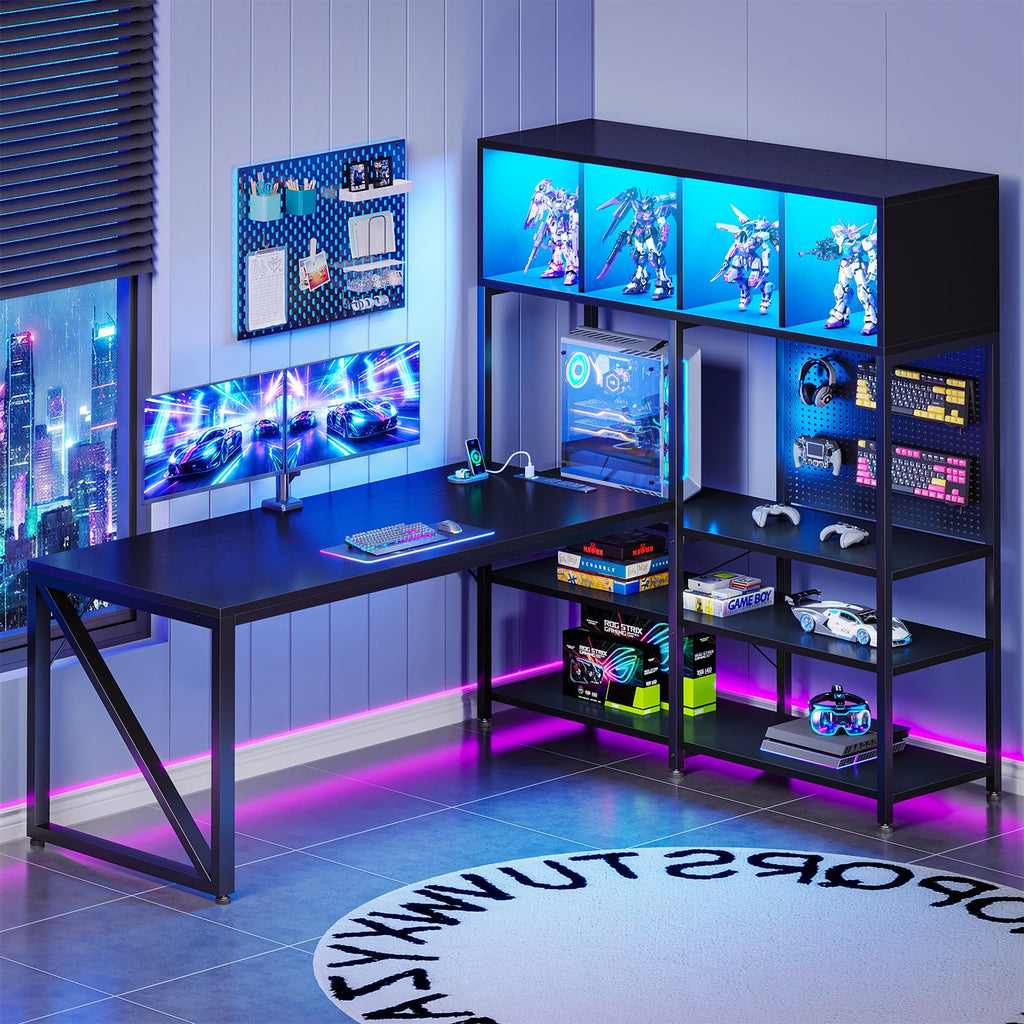 63" L Shaped Gaming Desk with Display Hutch E9190