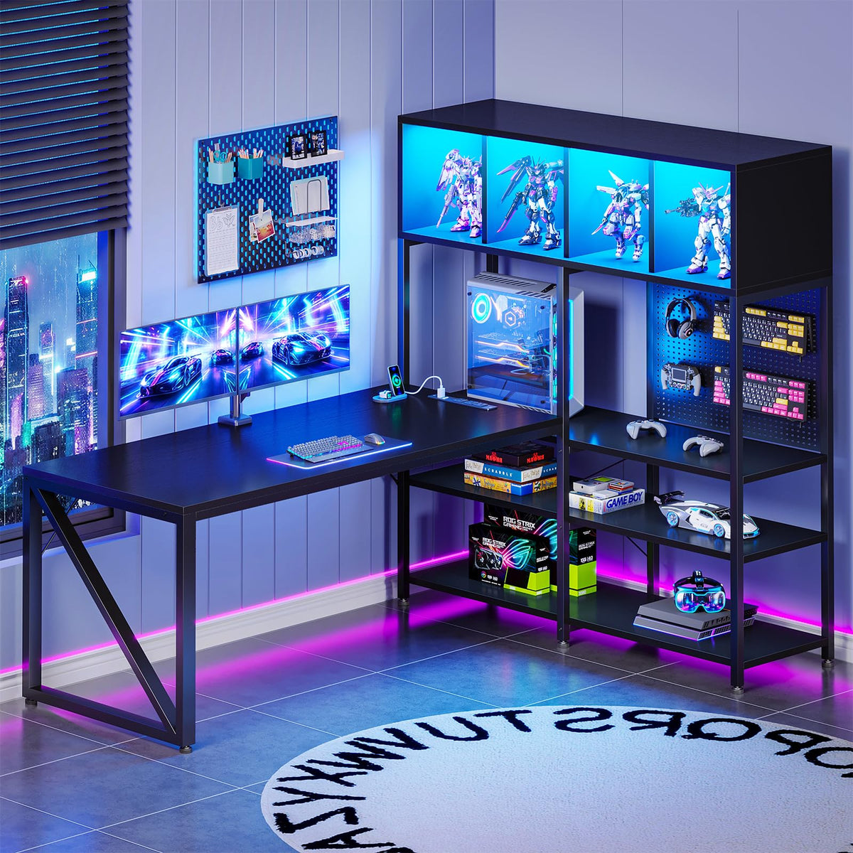 63" L Shaped Gaming Desk with Display Hutch E9190