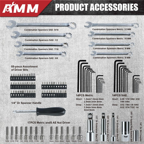 1/4 in, 3/8 in and 1/2 in Drive 202 Piece Mechanics Tool Set E39068