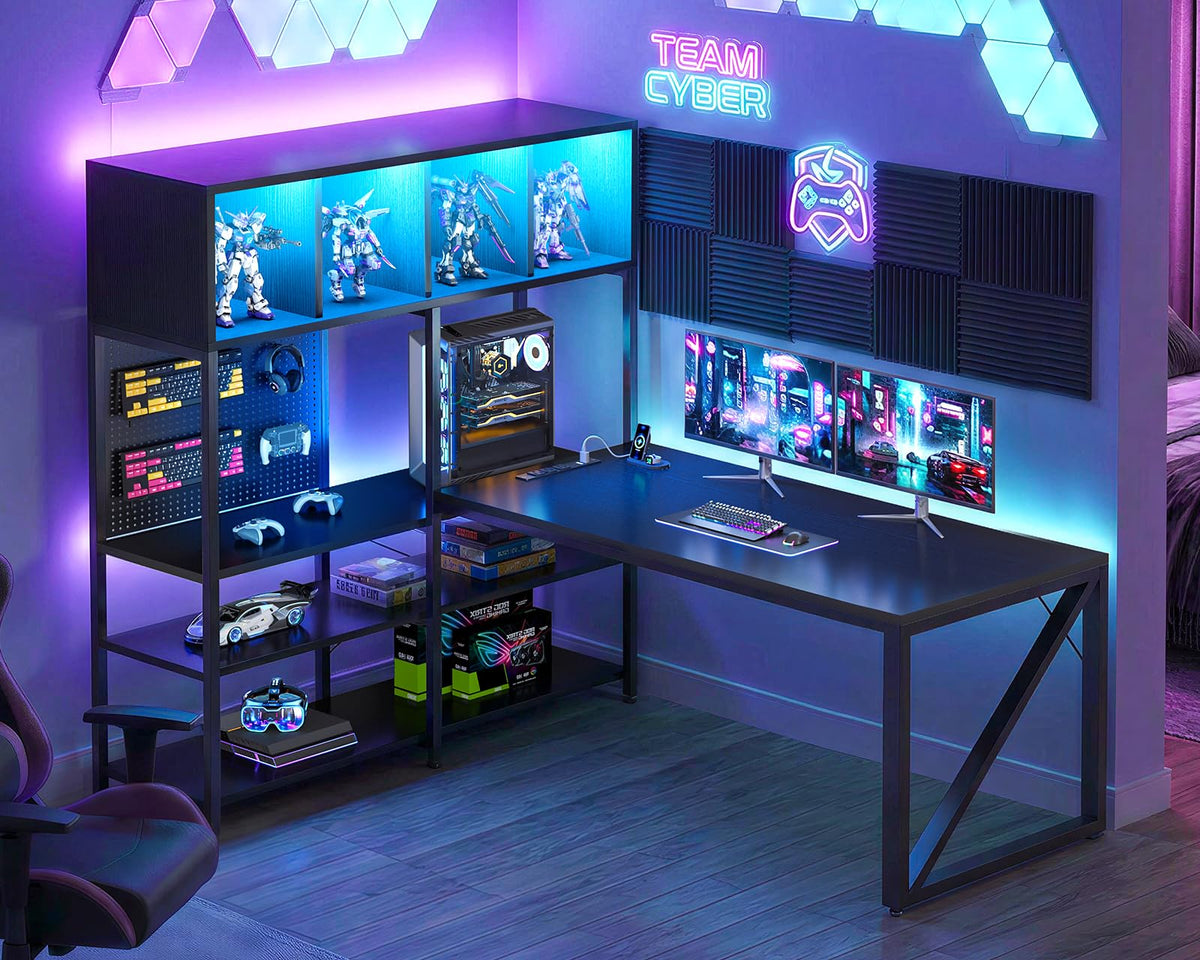 63" L Shaped Gaming Desk with Display Hutch E9190
