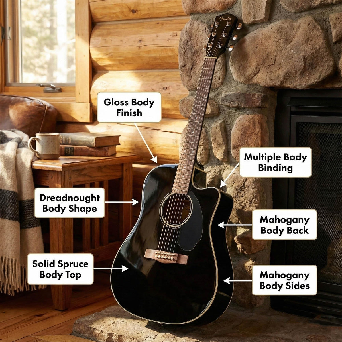 Black Solid Top Dreadnought Acoustic-Electric Guitar with Hard Case P5685