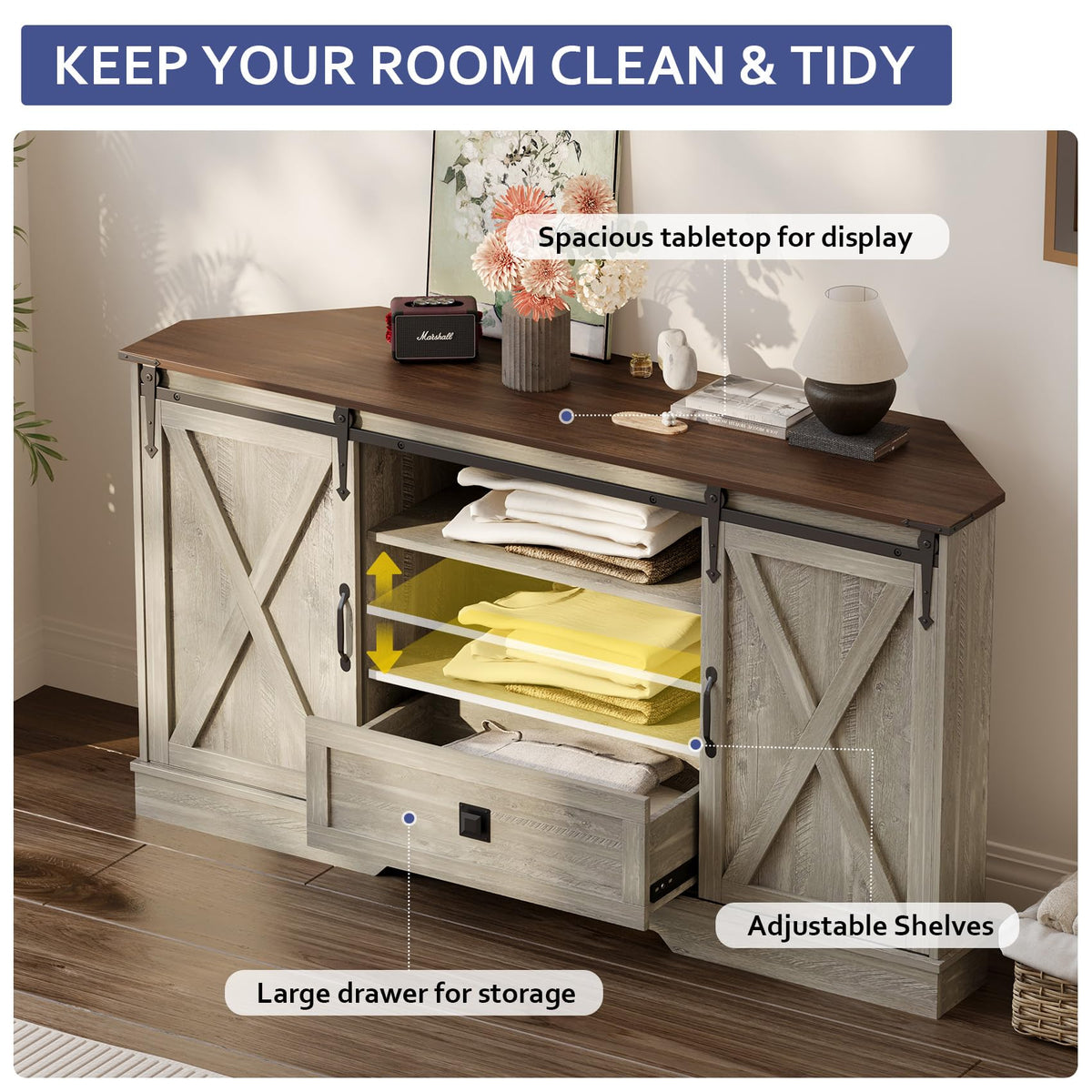Corner TV Stand with Sliding Barn Door & Removable Shelves L242525