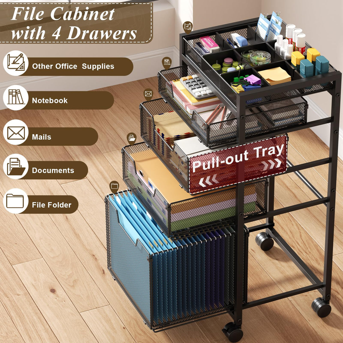 Rolling File Cart with 4 Storage Drawers, Black Metal W9676