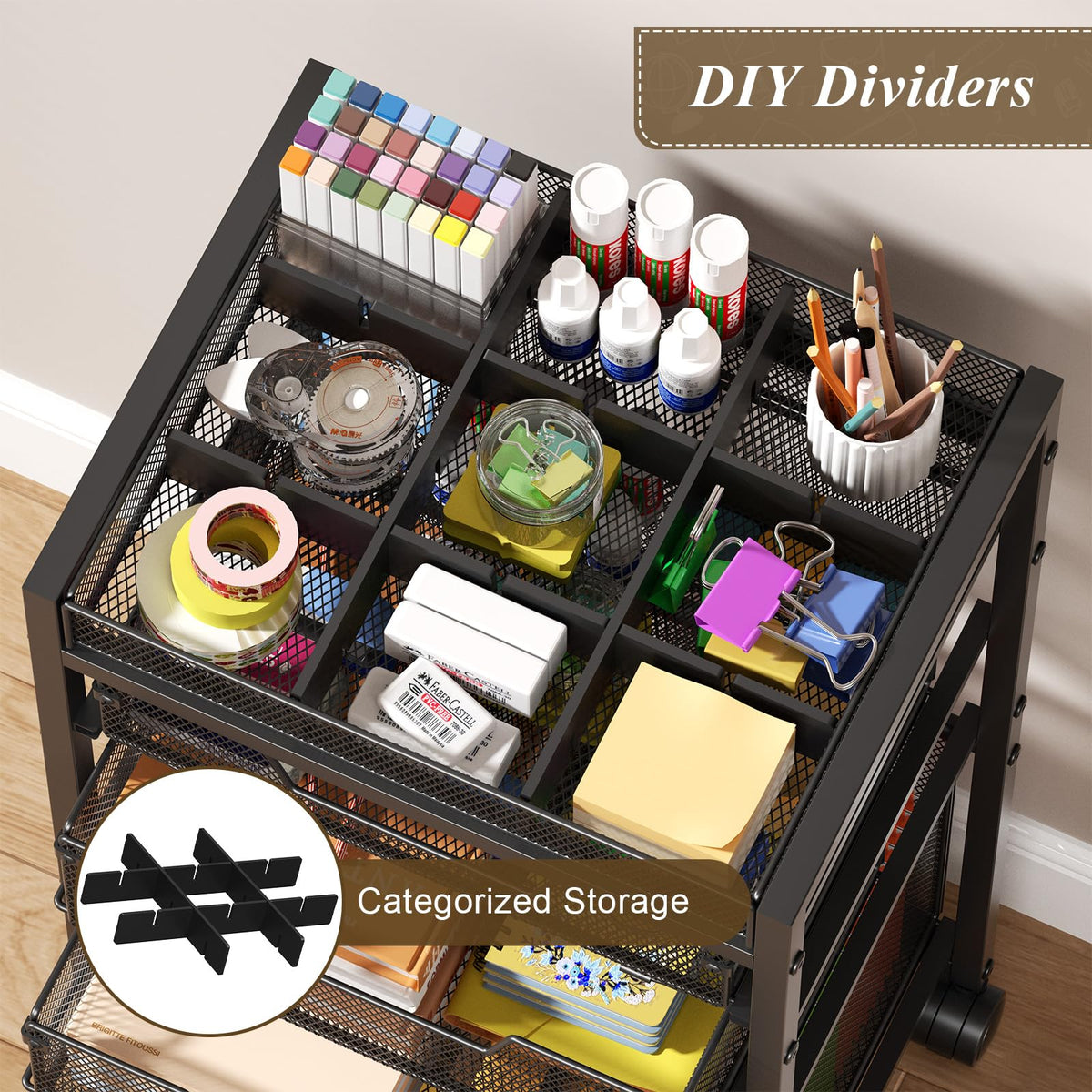 Rolling File Cart with 4 Storage Drawers, Black Metal W9676