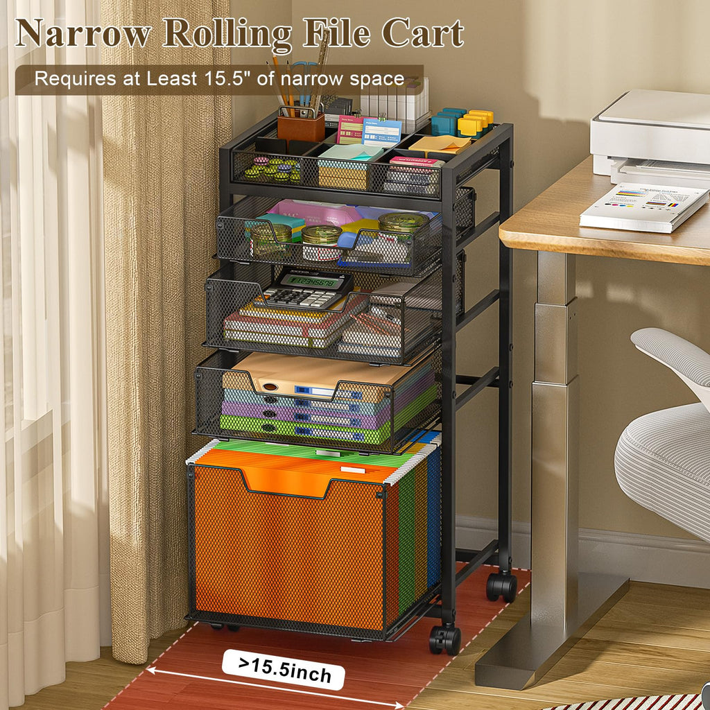 Rolling File Cart with 4 Storage Drawers, Black Metal W9676