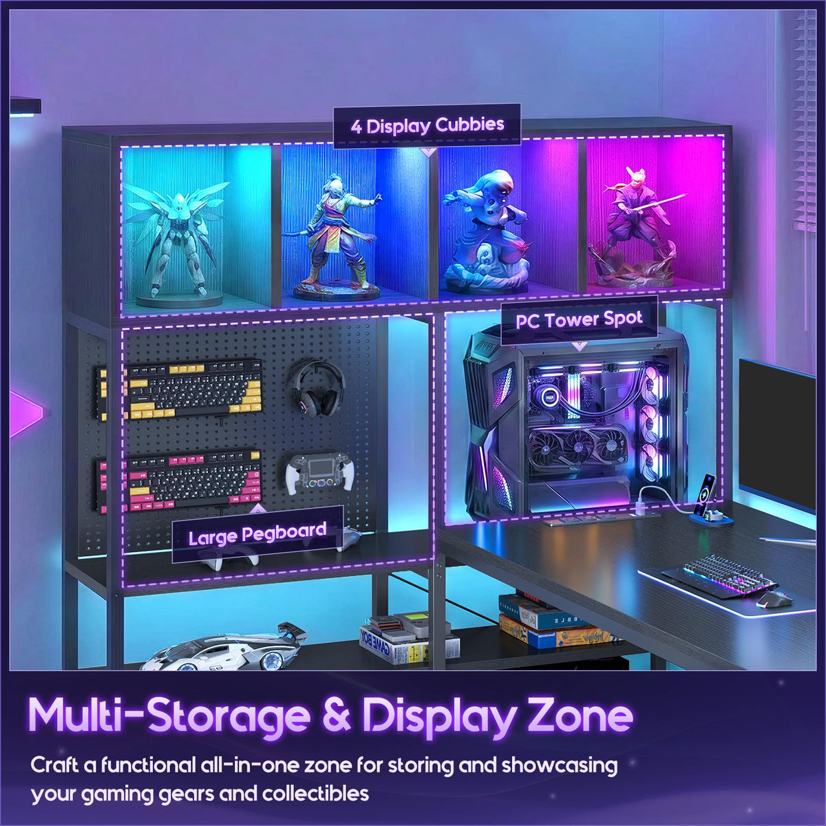 63" L Shaped Gaming Desk with Display Hutch E9190