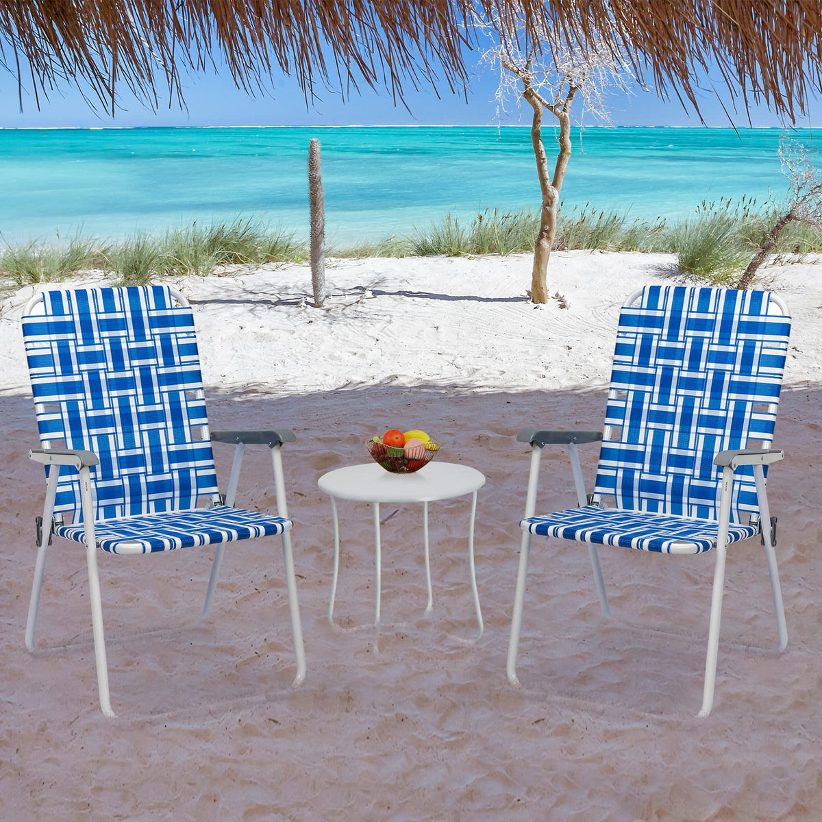 Set of 2 Blue & White Webbed Folding Chairs Y92618