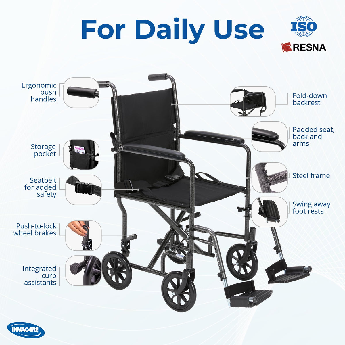 Compact Lightweight Steel Transport Wheelchair with 19in Seat E773