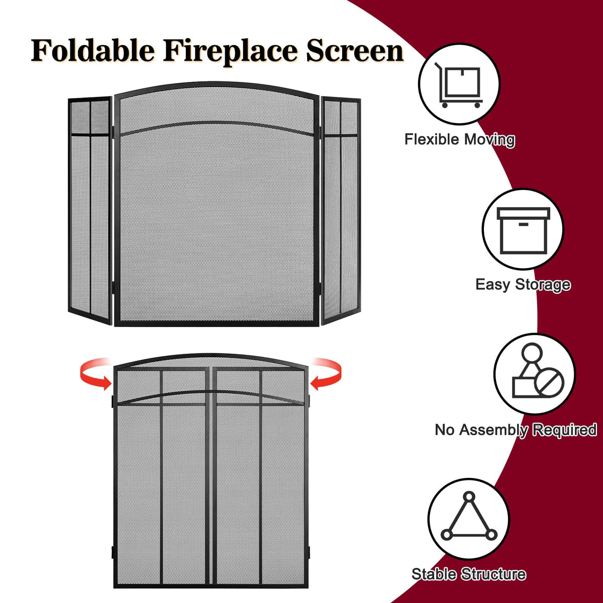 Black 3 Panel Steel Mesh Fireplace Screen P96849