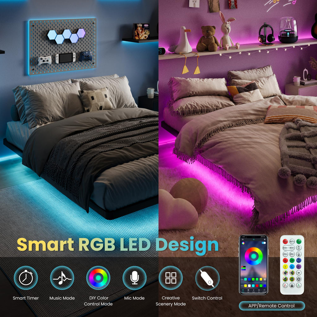 Full Size Floating Bed Frame with LED Lights, Black D18360