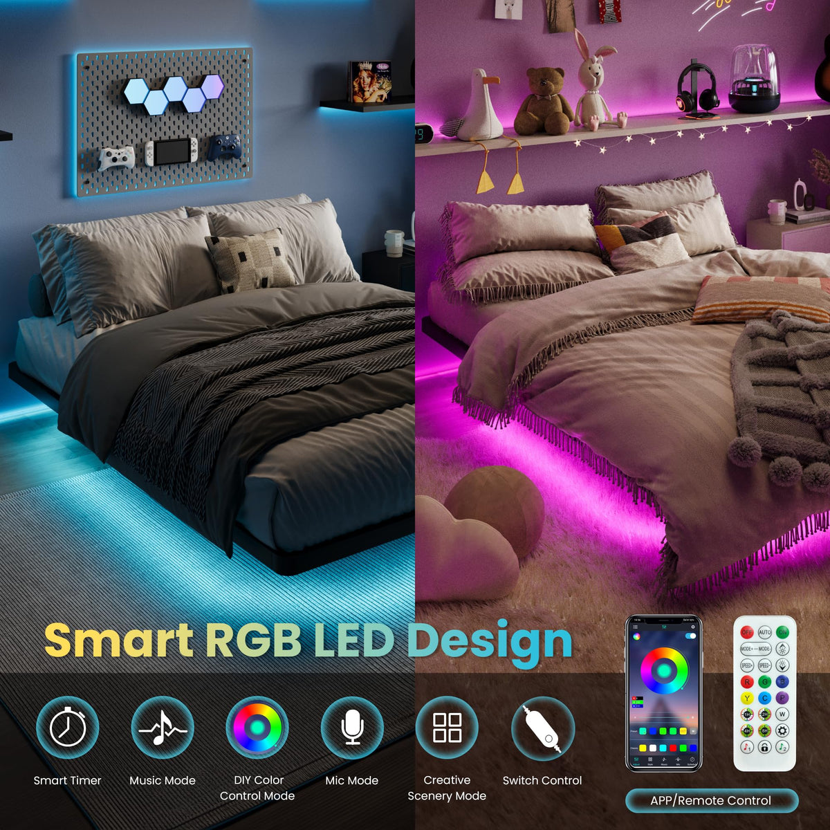 Full Size Floating Bed Frame with LED Lights, Black D18360