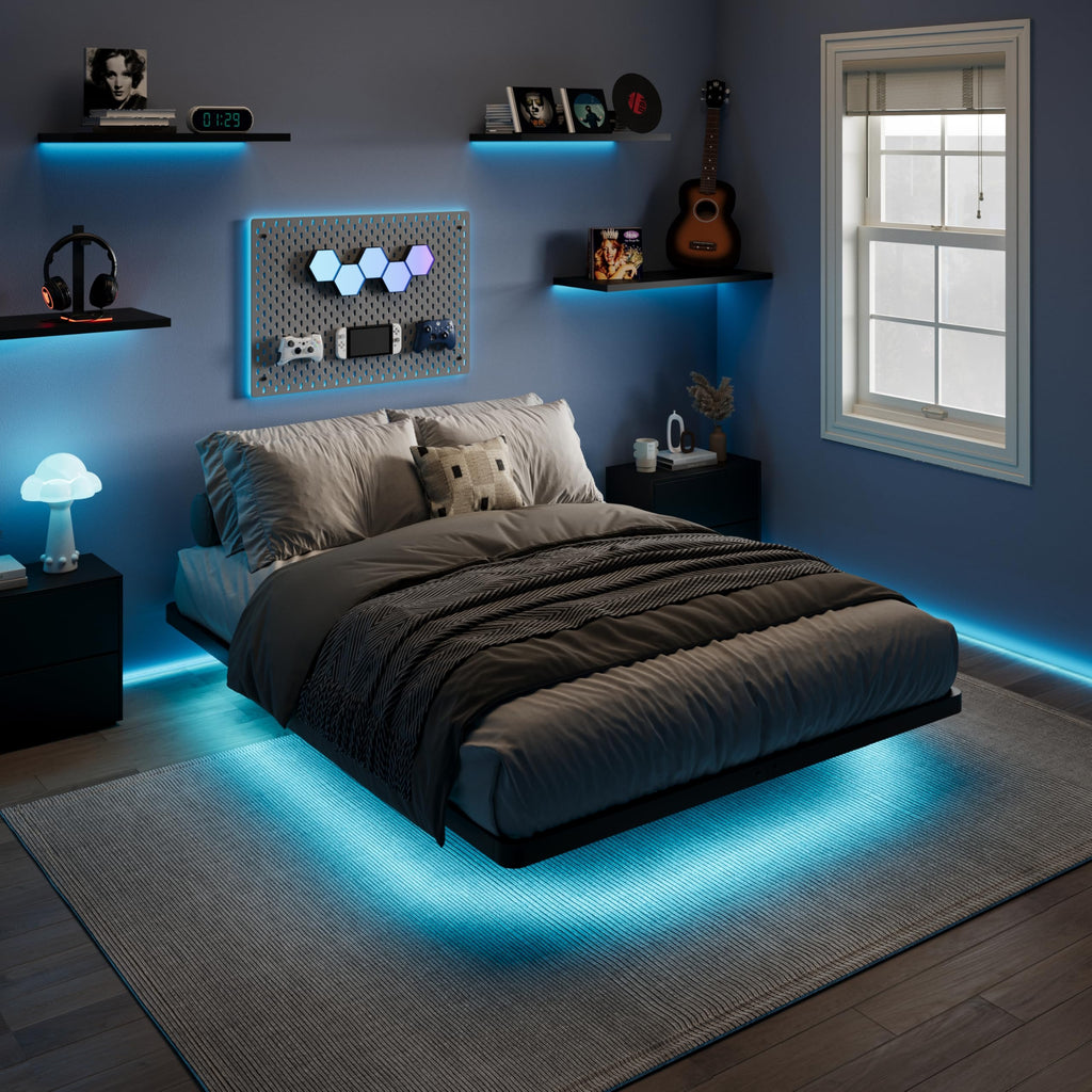 Full Size Floating Bed Frame with LED Lights, Black D18360
