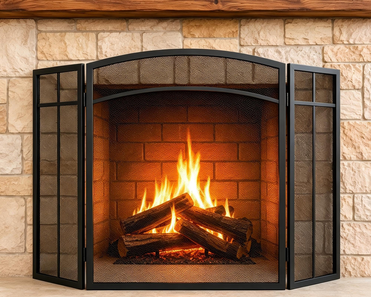 Black 3 Panel Steel Mesh Fireplace Screen P96849