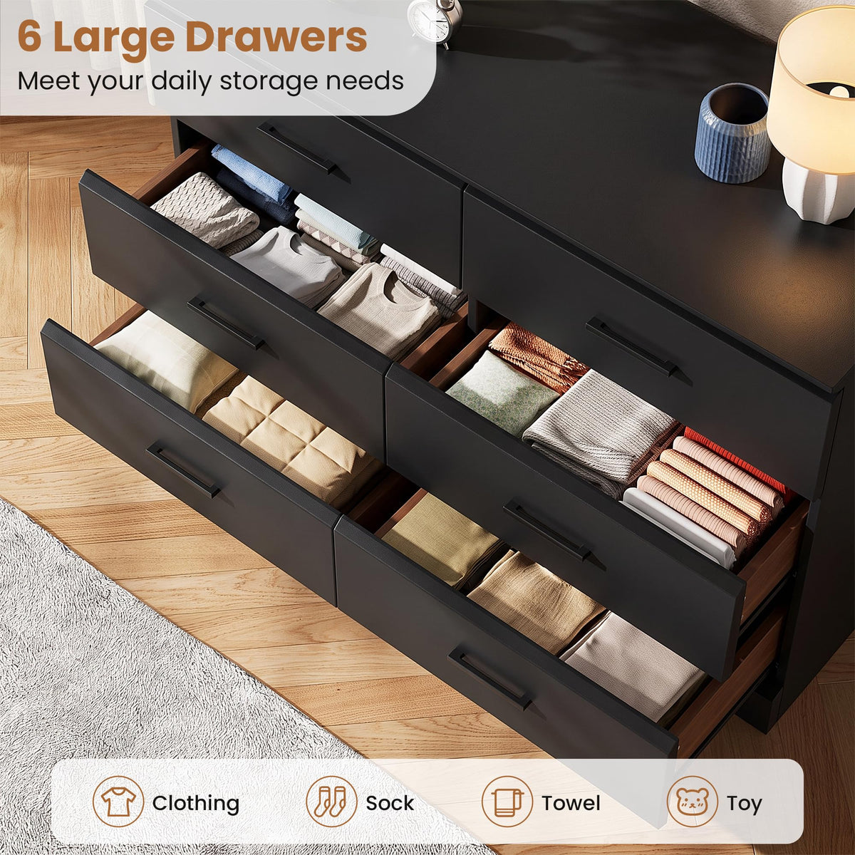 Black 6 Drawer Wood Dresser F699