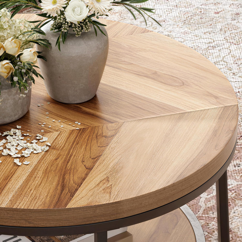 32" Round Coffee Table with 2-Tier Storage Shelf B9605