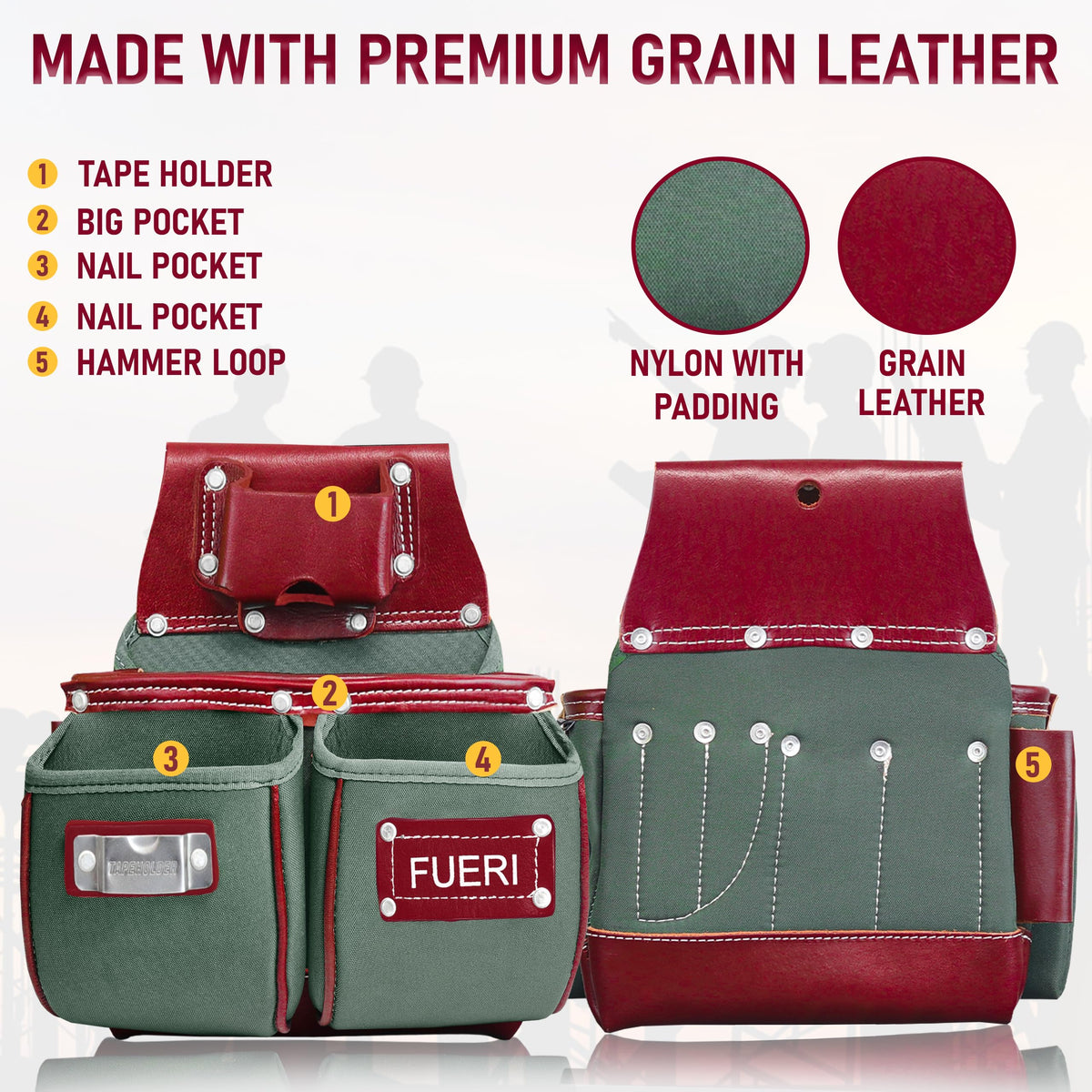 Nylon Grain Leather Carpenter Tool Belt with Padded Belt and Hammer Holder Z8232