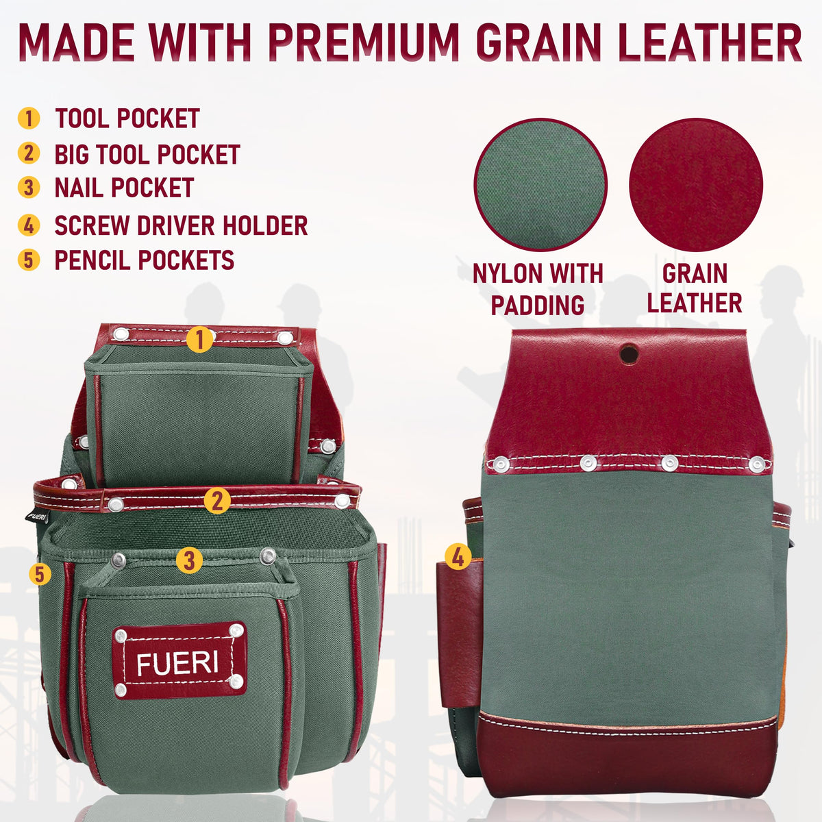 Nylon Grain Leather Carpenter Tool Belt with Padded Belt and Hammer Holder Z8232
