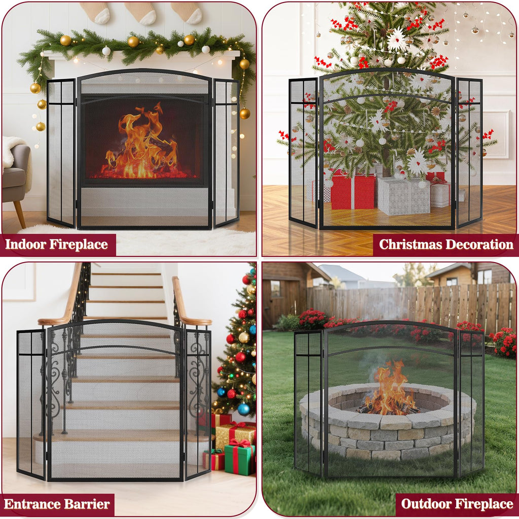 Black 3 Panel Steel Mesh Fireplace Screen P96849