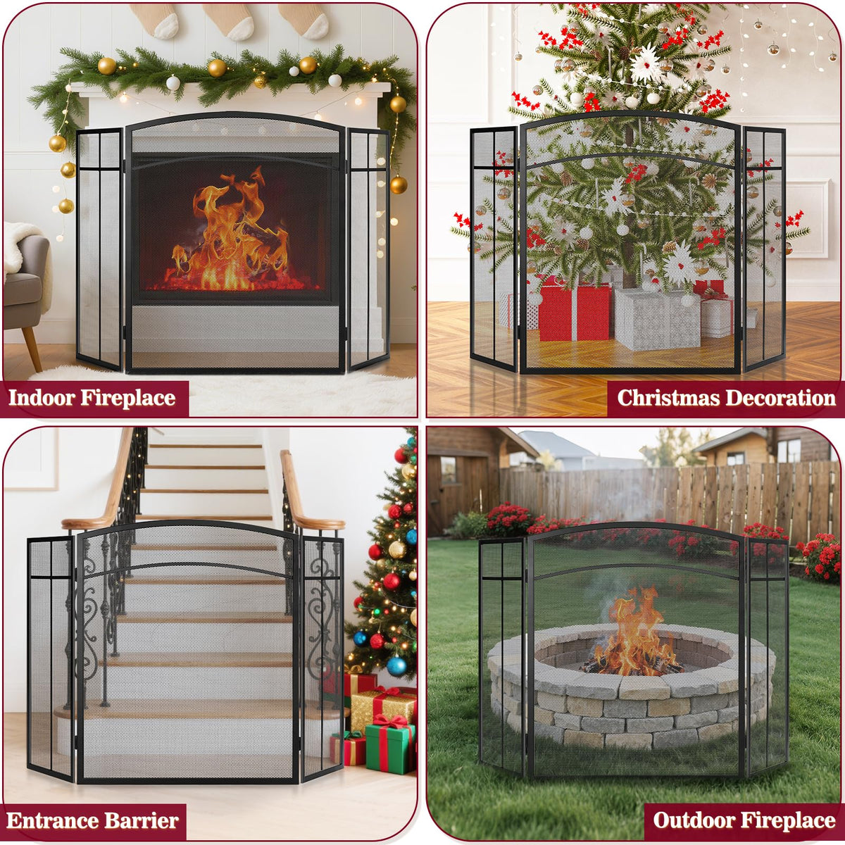 Black 3 Panel Steel Mesh Fireplace Screen P96849