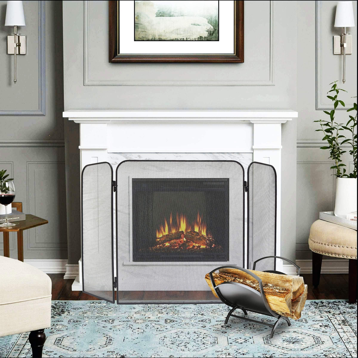 Iron 3-Panel Fireplace Screen Spark Guard H81141