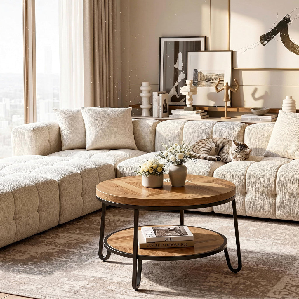 32" Round Coffee Table with 2-Tier Storage Shelf B9605